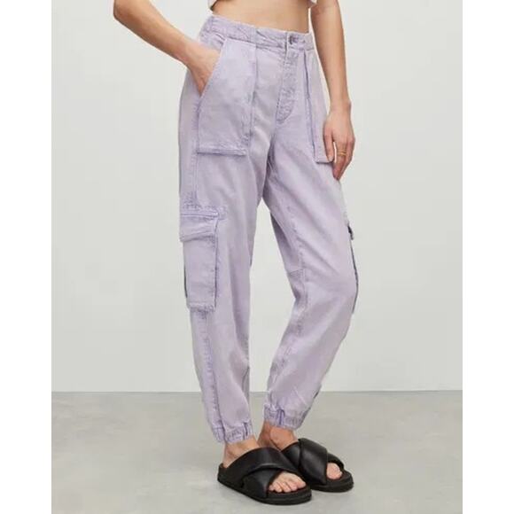 Allsaints Frieda Denim Pants Cargo Women's 12 Washed Purple Grunge Trousers - Picture 1 of 9
